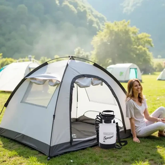 Habicare portable outdoor manual camping shower with 3/5/8L capacity and hose, made of stainless steel for outdoor use