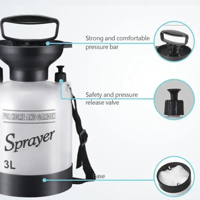 Habicare portable outdoor manual camping shower in stainless steel with 3/5/8L capacity and flexible hose for camping or outdoor use.