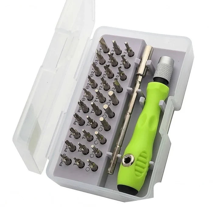 HBC Habicare 32-piece precision screwdriver set with various metal screwdrivers and bits, organized in a plastic case.