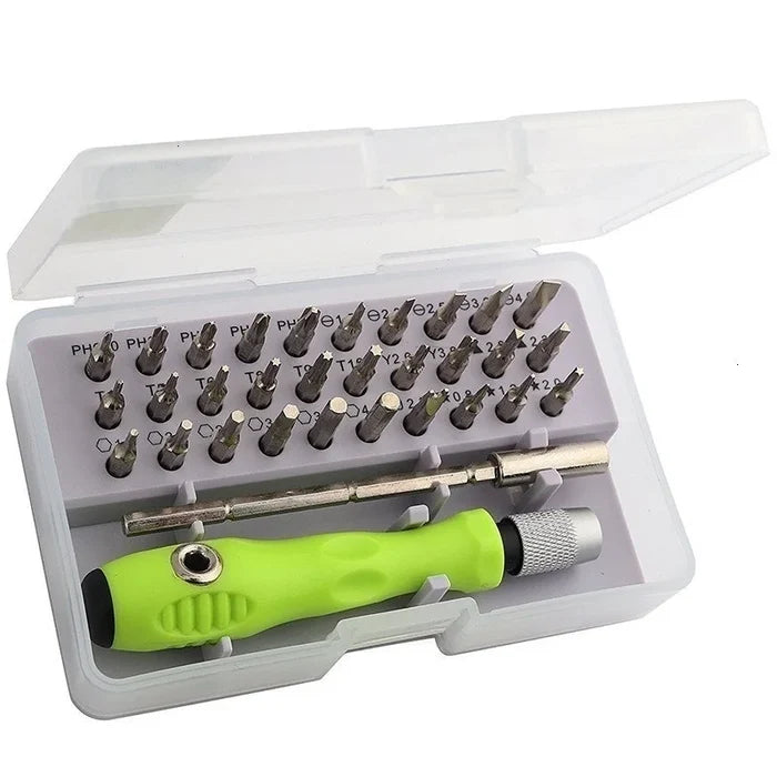 Habicare HBC 32-piece precision screwdriver set with various S2 steel screwdrivers, organized in a compact storage case.