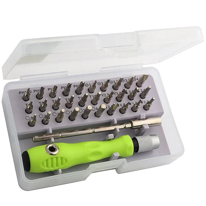 HBC Habicare 32-piece precision screwdriver set with various screwdrivers and bits, ideal for detailed repair and assembly work.