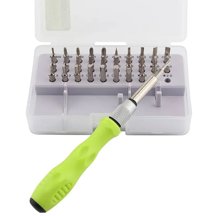 HBC Habicare 32-piece precision screwdriver set with various screwdrivers and bits arranged on a white background.