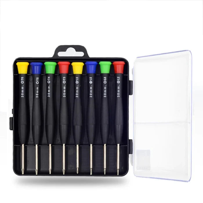 Habicare HBC precision watch screwdriver set with 8 small screwdrivers for delicate watch repairs, shown in a compact case.