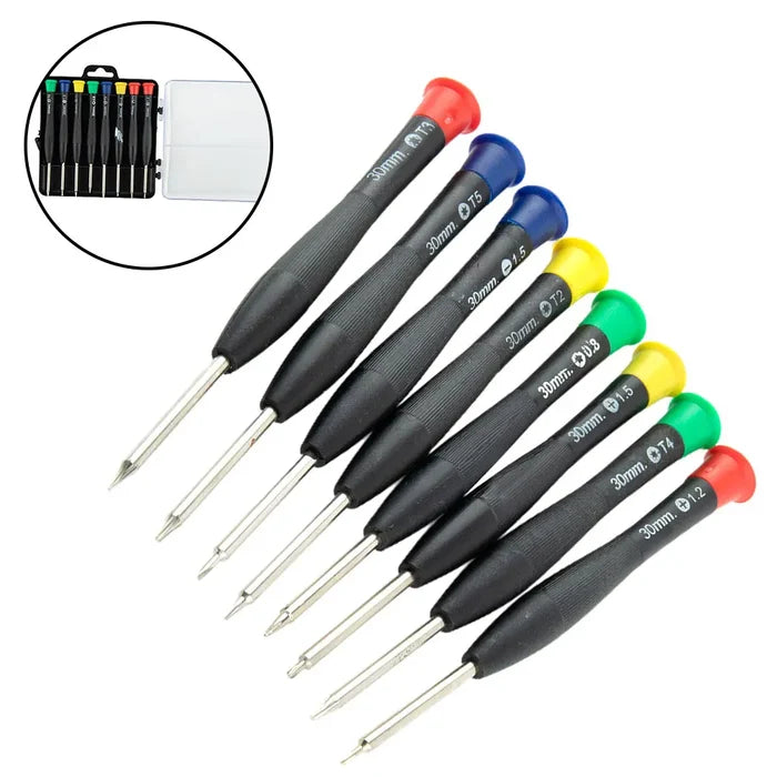 Habicare HBC precision screwdriver set for watch repair, featuring 8 small screwdrivers with ergonomic handles.