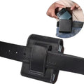 Black leather belt clip case by 9eight5 from Habicare, designed for secure attachment and stylish protection of small devices.