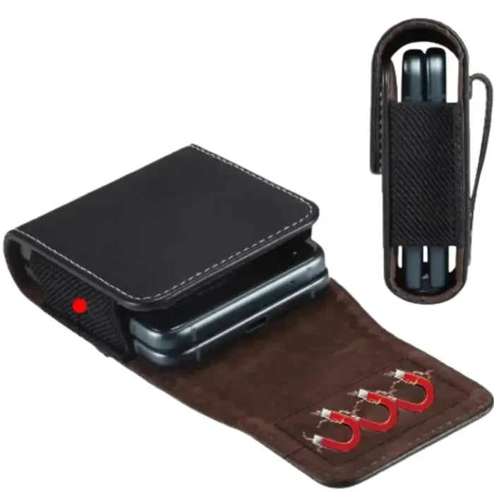 Black leather belt clip case by 9eight5 for Habicare, featuring a sleek, premium design for secure phone carrying.