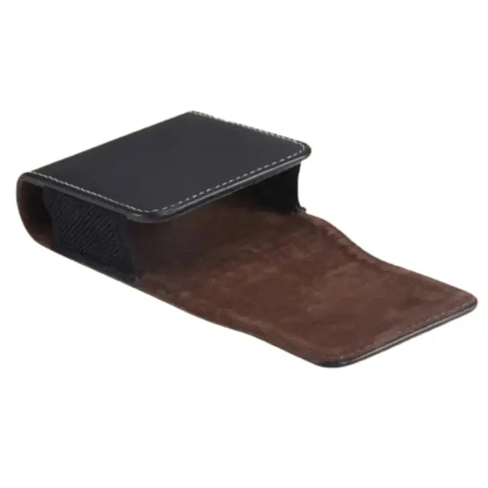Black leather belt clip case by 9eight5 for Habicare, designed to securely hold and protect your device on your belt.