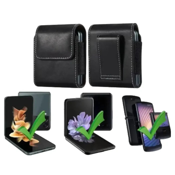 Black leather belt clip case by 9eight5 from Habicare, featuring a sleek design for secure phone or device carrying.