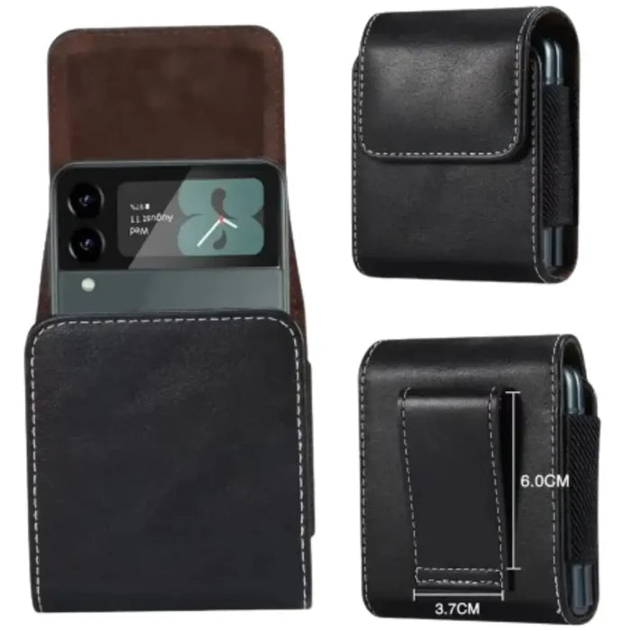 Black premium leather belt clip case by 9eight5 for Habicare, featuring a sleek design and secure belt attachment.