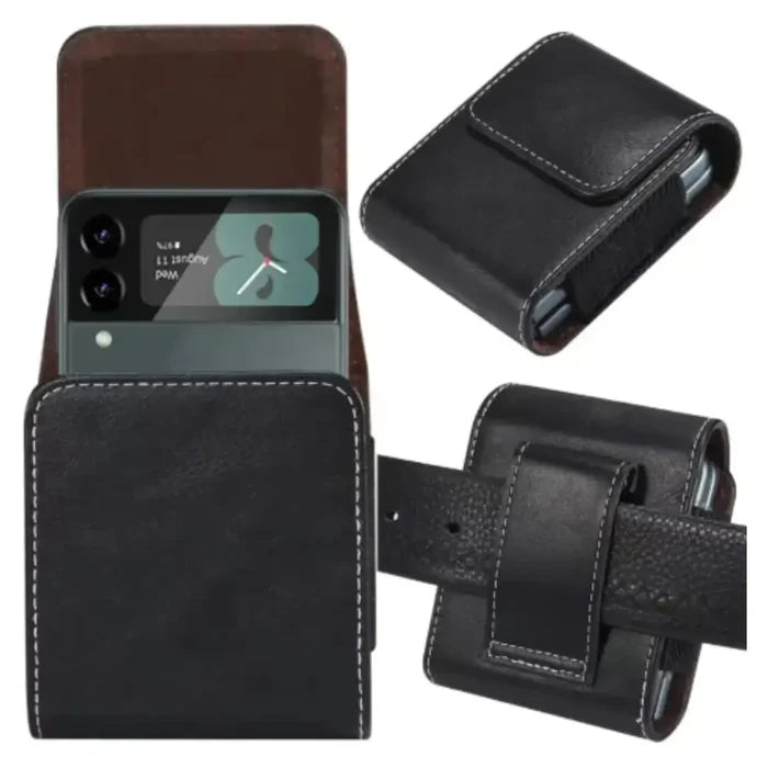 Black leather belt clip case for smartphones by 9eight5, designed by Habicare, with a sleek, durable, and secure attachment.