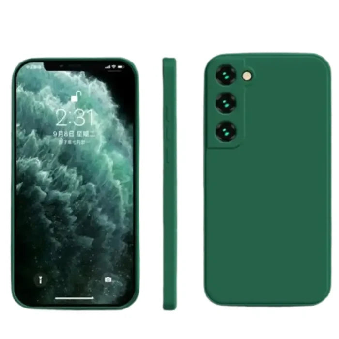 Dark green 9eight5 liquid silicone case for Samsung Galaxy A and S series, providing durable protection and a sleek fit.