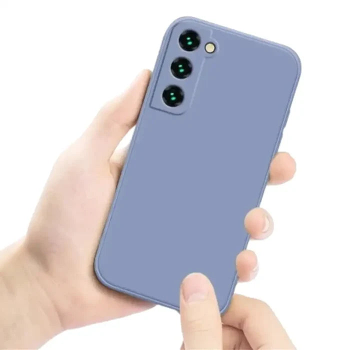 Gray silicone case for Samsung Galaxy A and S series by 9eight5, made by Habicare, showing a snug fit and smooth texture.