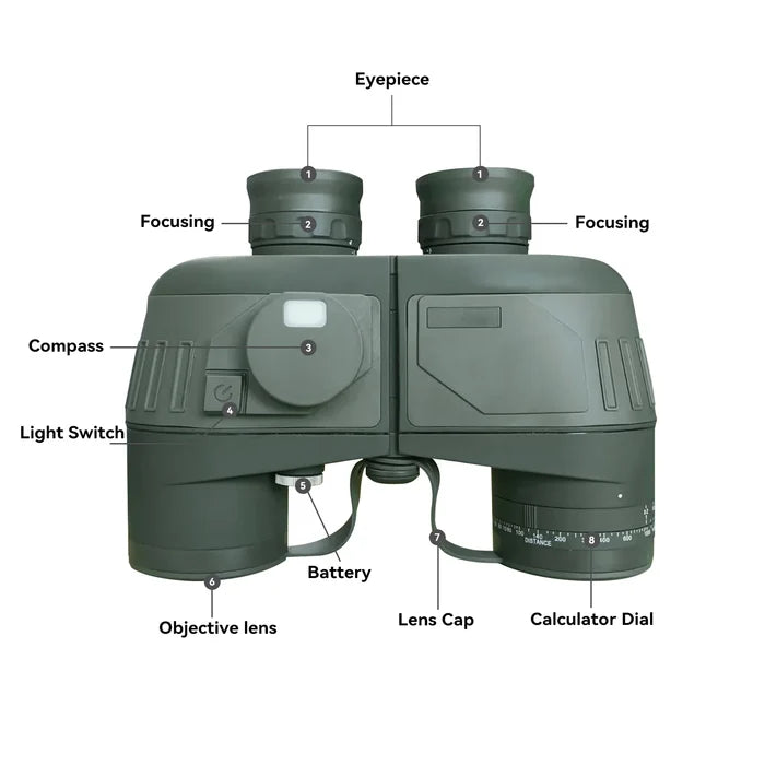 Habicare professional waterproof binoculars with built-in compass, outdoor optical device with sturdy black body and adjustable eyepieces.