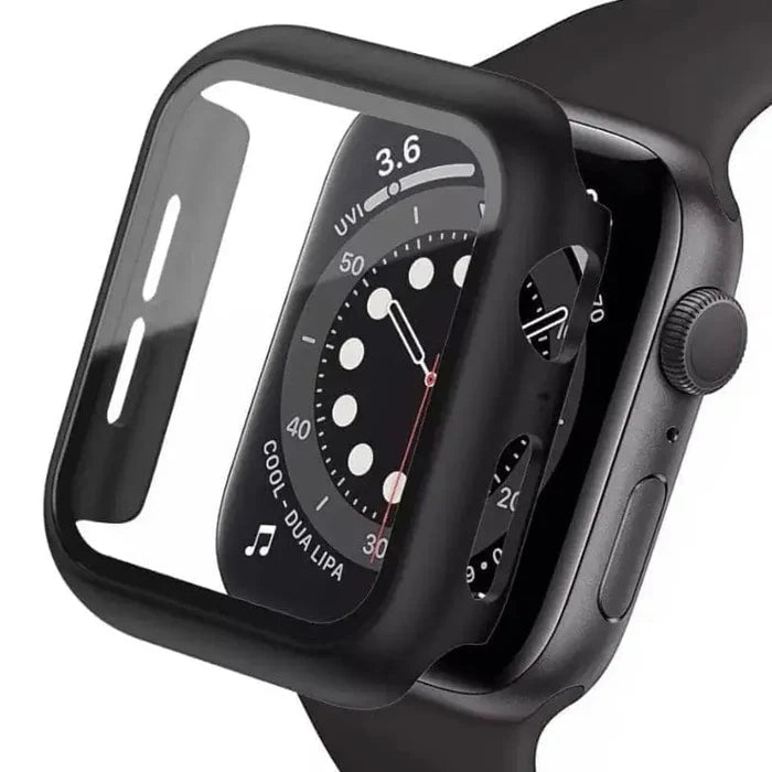 Black Habicare protective case for Apple Watch Series 2 38mm, showing the snug fit and durable material on the watch face.