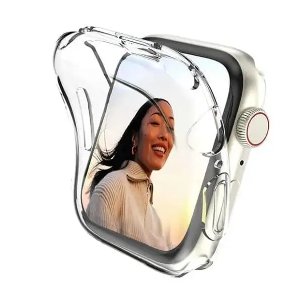 Clear protective case for Apple Watch Series 9 41mm by Habicare, showing the slim, transparent design fitting the watch.