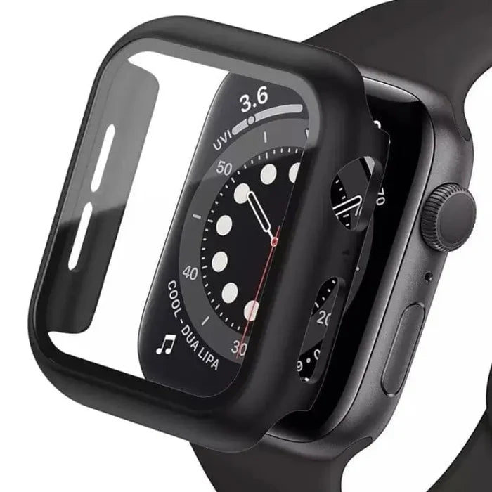 Black Habicare protective case for Apple Watch Series 9 (45mm), showing the snug fit and durable material.