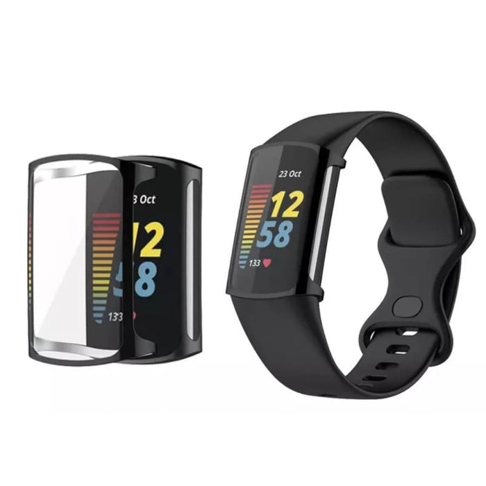 Black protective watch case for Fitbit Charge 5, designed to safeguard the device with a snug fit.