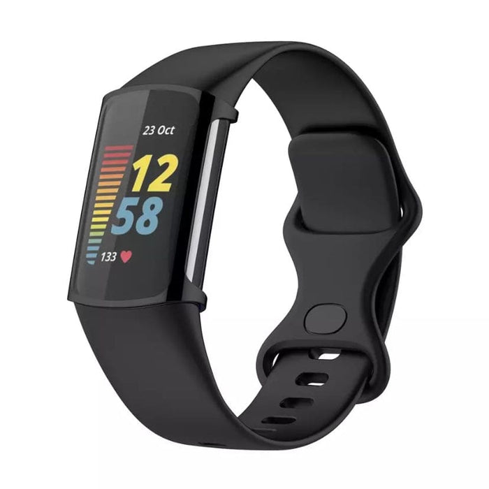 Black protective case for Fitbit Charge 5 watch, made by That Watch Shop, shown on the device in a close-up view.