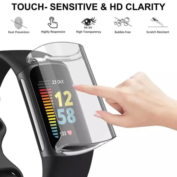 Clear Habicare protective case for Fitbit Charge 5 watch, showing the slim, transparent design fitting the device securely.