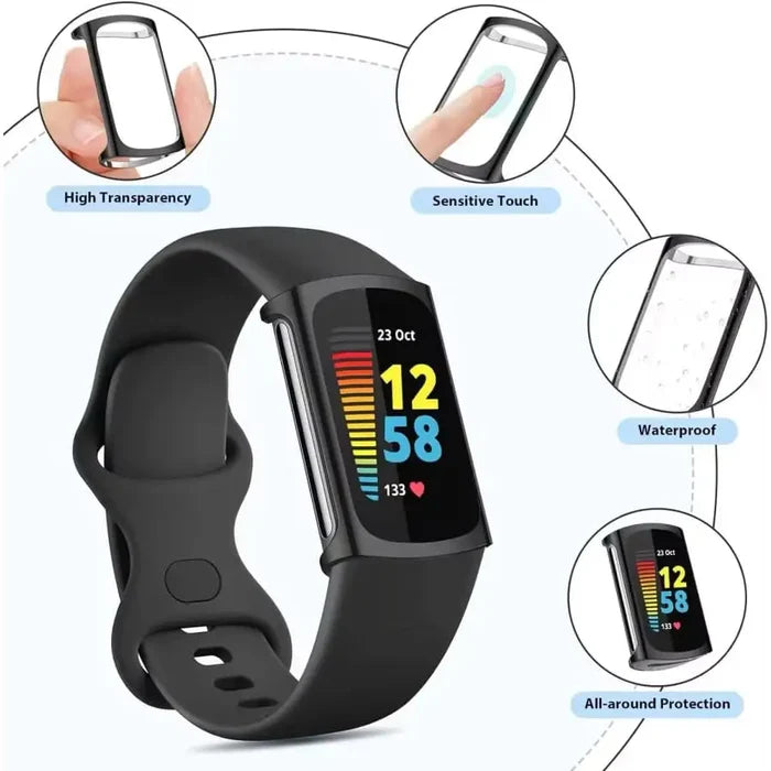 Black Habicare protective case for Fitbit Charge 6 watch, providing durable coverage and protection for the fitness tracker.