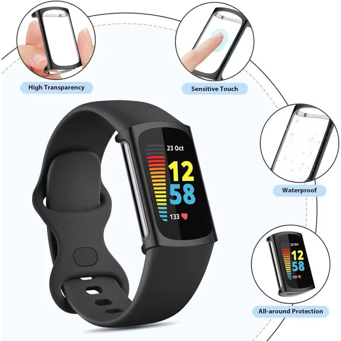 Black protective case for Fitbit Charge 6 fitness tracker, designed by That Watch Shop, showcasing the sleek watch with the case installed.