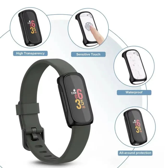 Black Habicare protective case for Fitbit Inspire 2 watch, showcasing a snug, durable cover on the device.