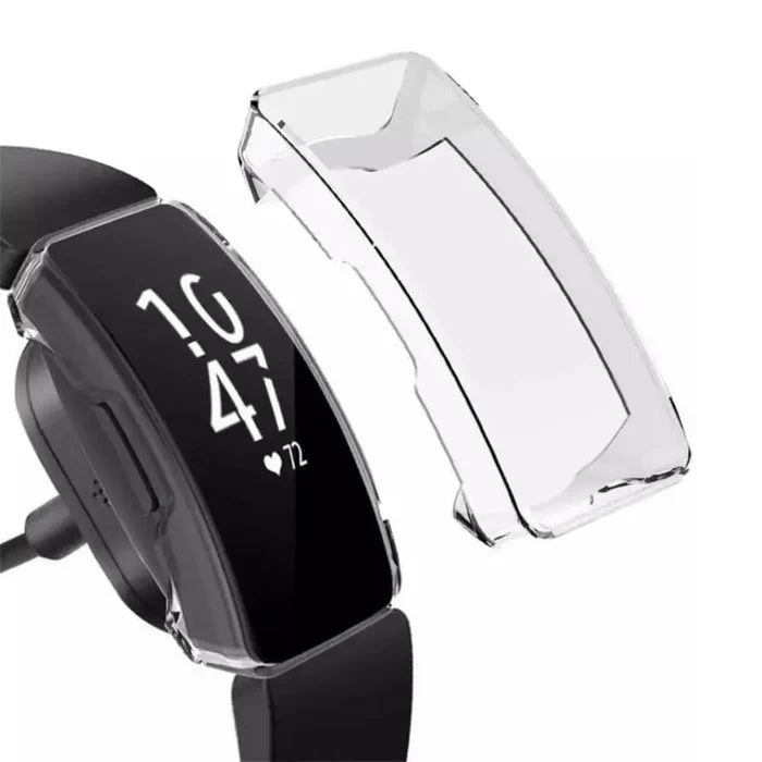 Silver Habicare protective watch case for Fitbit Inspire HR, showing a sleek, durable cover on the fitness tracker.