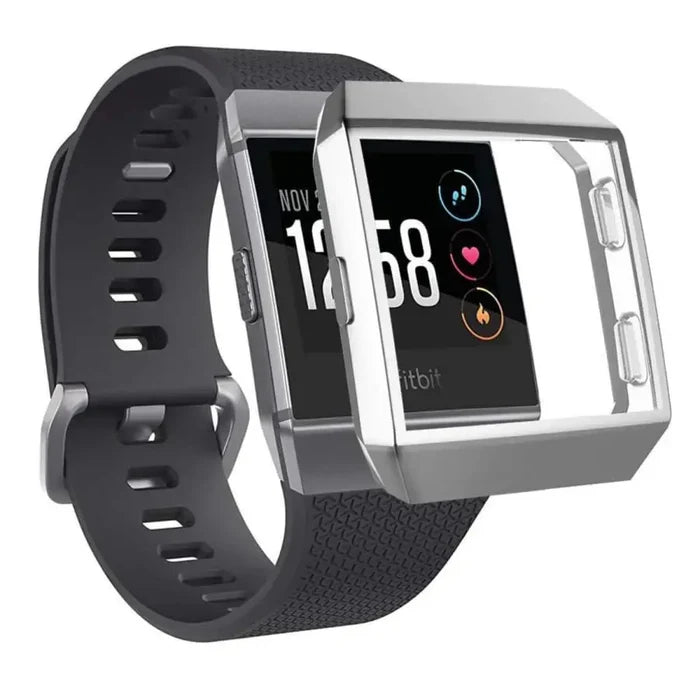Silver Habicare protective case for Fitbit Ionic watch, showcasing a sleek, durable cover designed to protect the smartwatch.