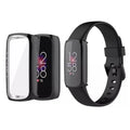 Black Habicare protective case for Fitbit Luxe smartwatch, showing the fitted, durable cover on the device.