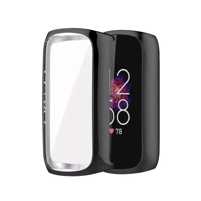 Black Habicare protective case for Fitbit Luxe smartwatch, showing a snug fit and durable design for screen and body protection.