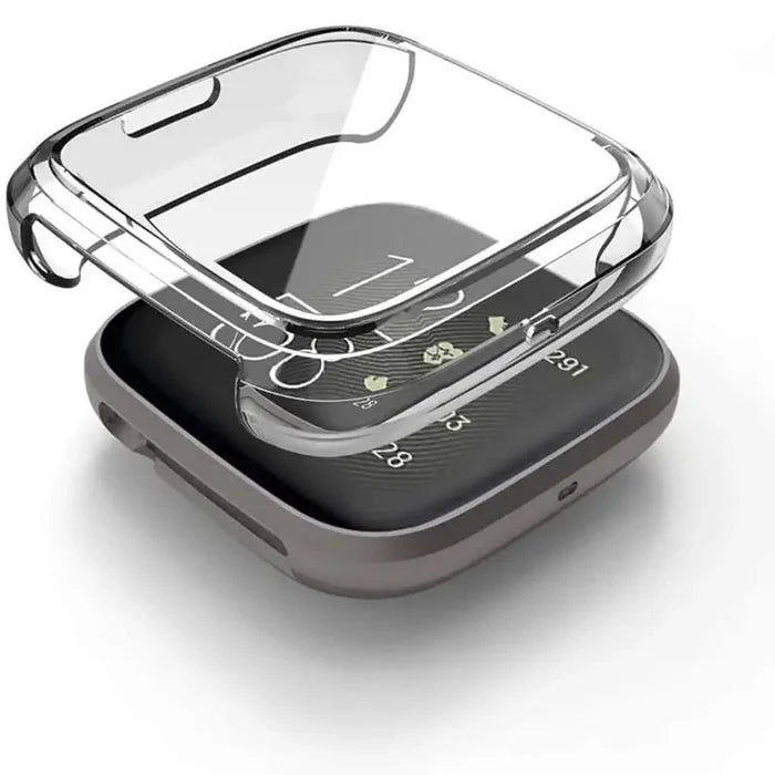 Clear Habicare protective case for Fitbit Sense 2 watch, transparent plastic cover showing the watch face and band.