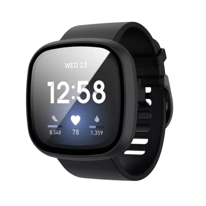 Black protective watch case for Fitbit Sense by That Watch Shop, showcasing durable material and snug fit on the device.