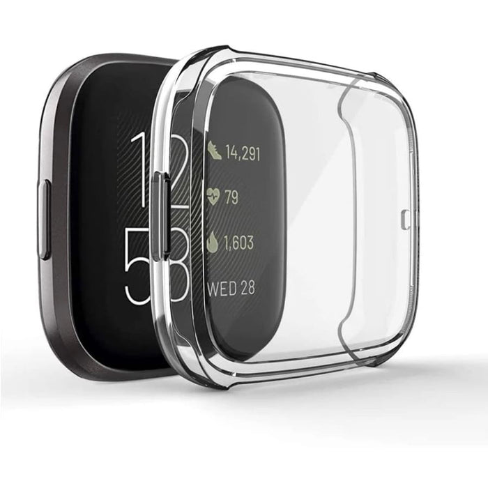 Clear protective case for Fitbit Sense watch, transparent and slim, designed to shield the smartwatch from scratches and bumps.