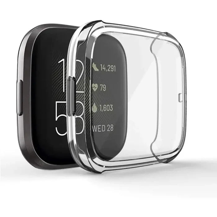 Clear Habicare protective case for Fitbit Sense watch, showing a transparent cover fitted on the smartwatch.
