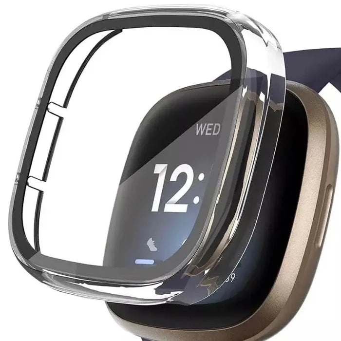 Clear Habicare protective case for Fitbit Versa 3, showing the transparent watch case with precise cutouts and fit.