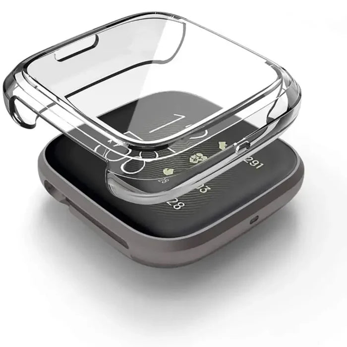 Clear Habicare protective case for Fitbit Versa 4 smartwatch, showing the transparent cover fitted on the device.