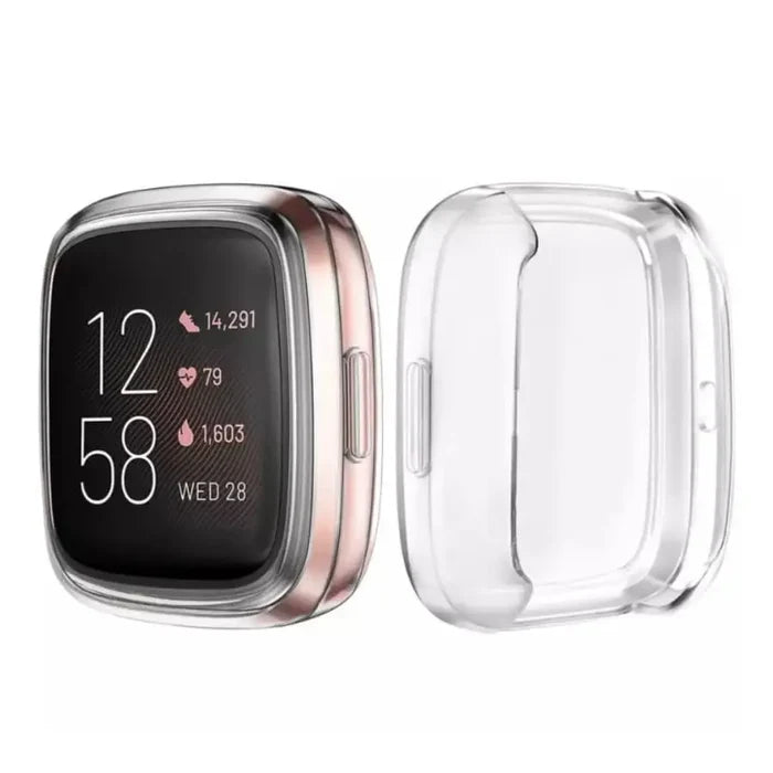 Clear Habicare protective case for Fitbit Versa 4, showing the watch with transparent, durable cover for secure protection.