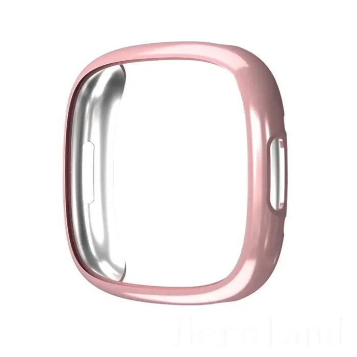 Rosegold protective watch case for Fitbit Versa 4 by Habicare, showing the sleek, durable cover on the device.