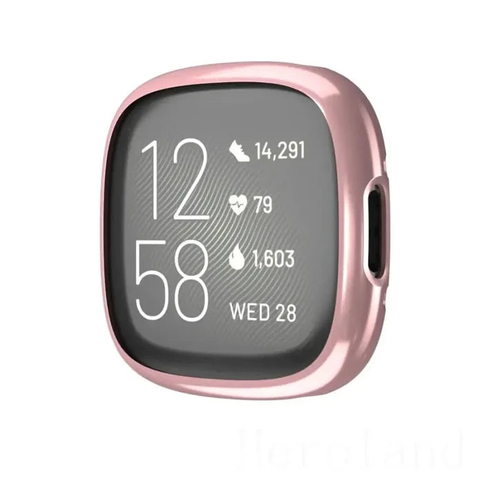 Rosegold Habicare protective case for Fitbit Versa 4 watch, showing the sleek, fitted design on the smartwatch.