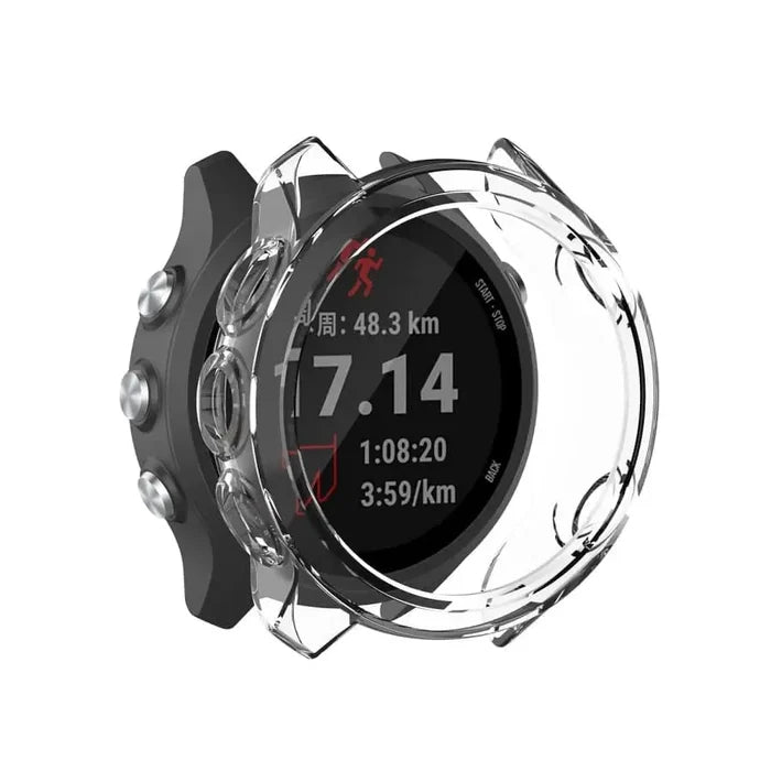 Clear protective case for Garmin 245 smartwatch by Habicare, offering durable coverage and screen protection.