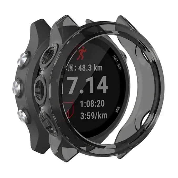 Transparent black protective case for Garmin 245 smartwatch by Habicare, showing the fitted watch cover on the device.