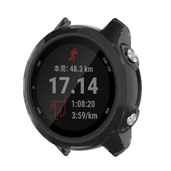 Transparent black protective watch case for Garmin 245 by Habicare, designed to safeguard the device with clear, durable material.