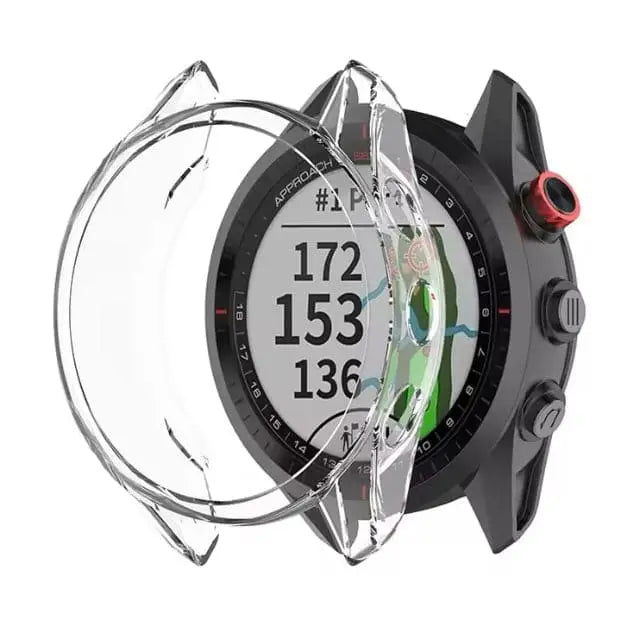 Clear protective case for Garmin Approach S62 watch by Habicare, showcasing a snug, transparent cover protecting the watch face and edges.