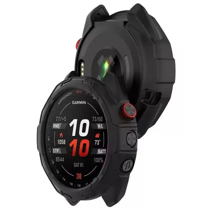 Black Habicare protective case for Garmin Approach S70 42mm watch, designed to shield and secure the watch face and body.