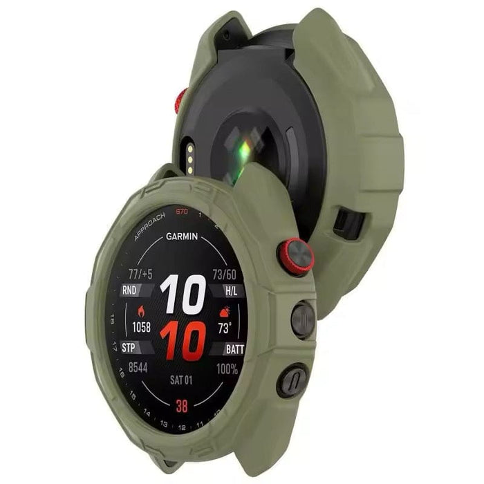 Green protective watch case for Garmin Approach S70 (42mm) from That Watch Shop, designed to safeguard the watch.