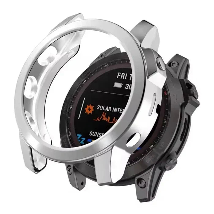 Silver Habicare protective case for Garmin epix Pro Gen 2 42mm watch, durable and snugly fits around the watch face and band.
