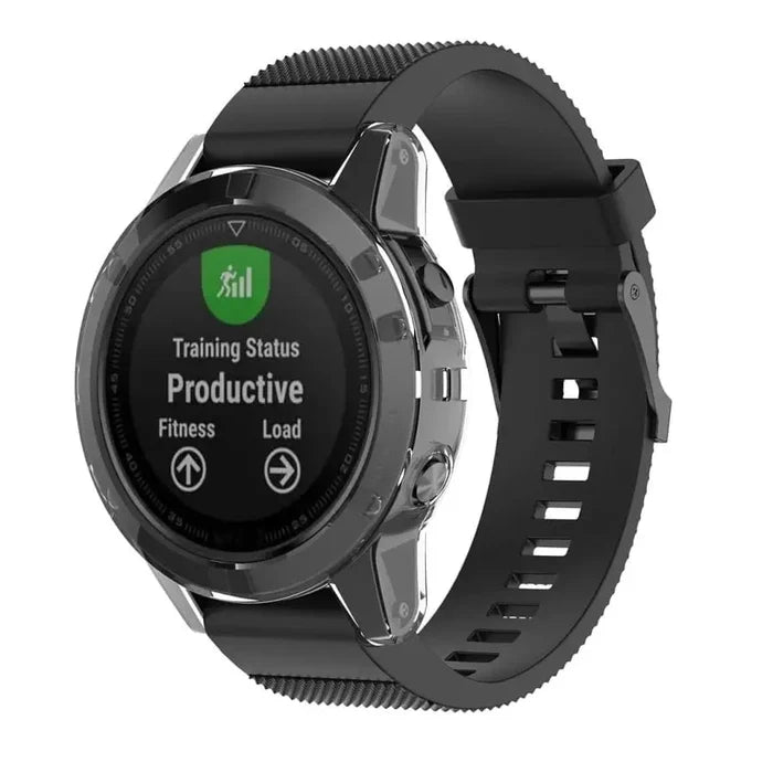 Clear protective case for Garmin fenix 5X series watch, made by Habicare, fits snugly and shields the watch from scratches.