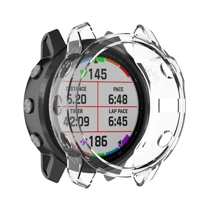 Clear protective case for Garmin Fenix 6X or 6X Pro watch, made by That Watch Shop, shown on a smartwatch screen.