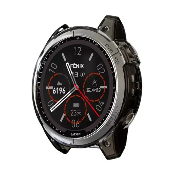 Clear protective case for Garmin fenix 7 and 7 Pro Series watch by Habicare, shown fitted on the watch.