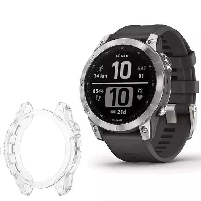 Clear protective case for Garmin fenix 7X and 7X Pro Series watch by Habicare, showing the transparent cover on the watch.